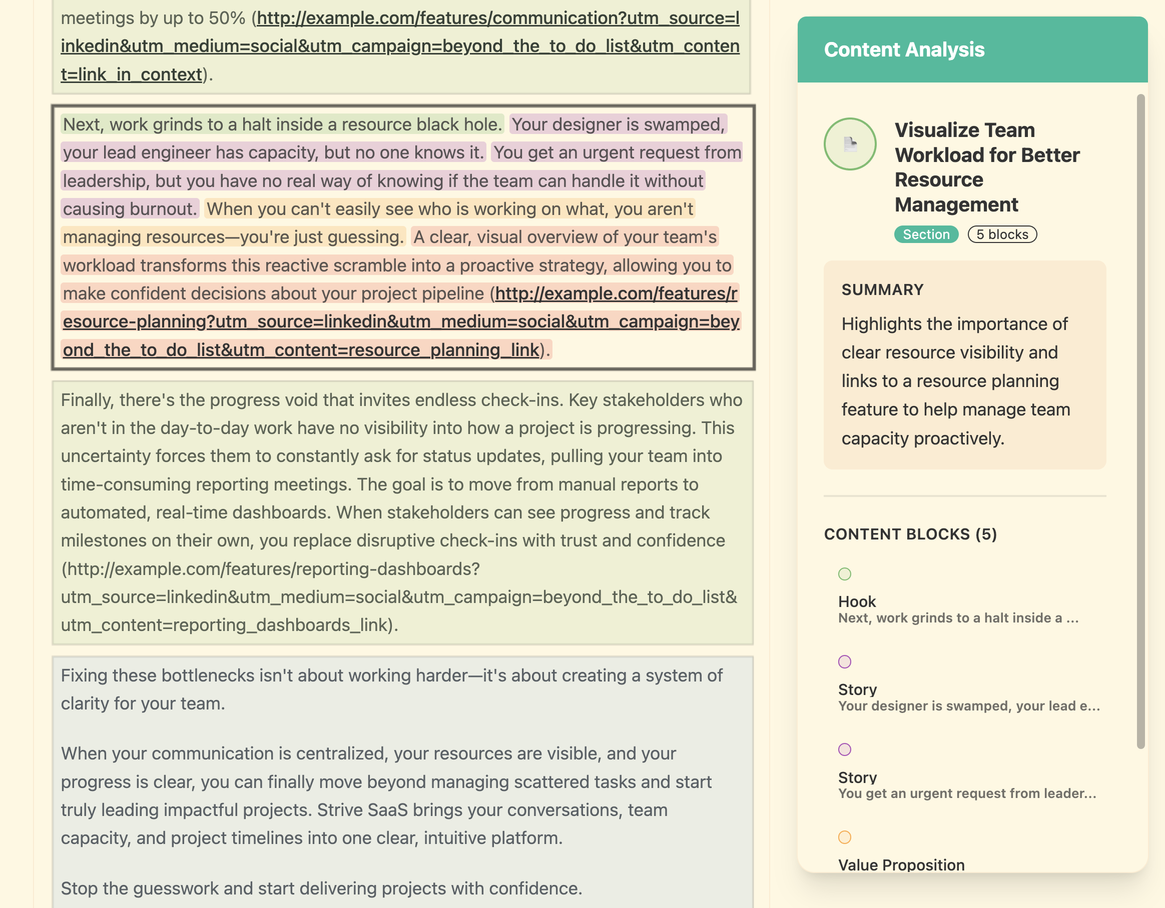 Content insights analysis showing deep performance metrics